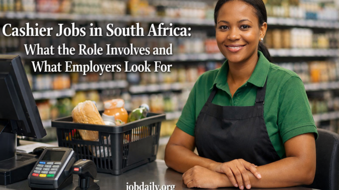 Cashier in South Africa working at a retail till with a card machine and scanned groceries