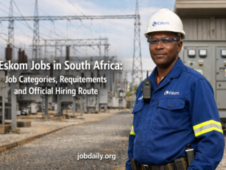South African power utility worker in safety gear near substation infrastructure for an article about Eskom jobs in South Africa.