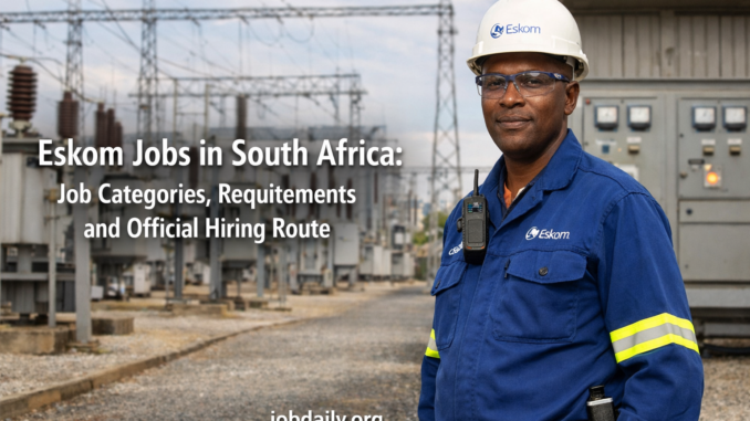 South African power utility worker in safety gear near substation infrastructure for an article about Eskom jobs in South Africa.