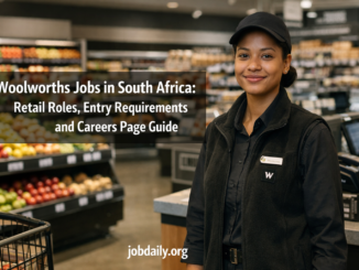 Professional retail worker in a clean Woolworths-style South African store with shelves, checkout area, and headline about Woolworths jobs in South Africa.