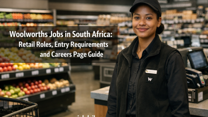 Professional retail worker in a clean Woolworths-style South African store with shelves, checkout area, and headline about Woolworths jobs in South Africa.
