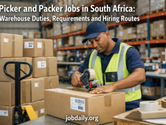 South African picker and packer preparing labelled warehouse boxes in a clean dispatch area.