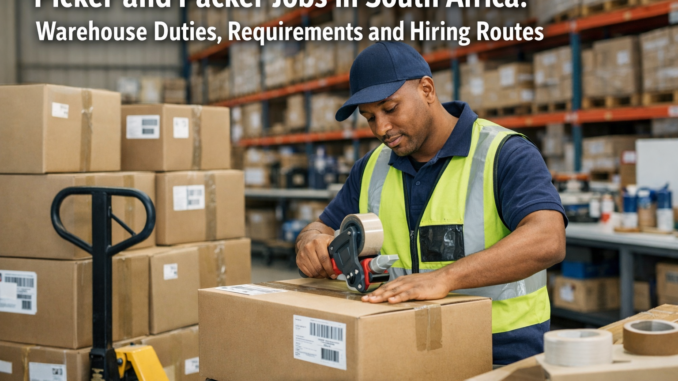 South African picker and packer preparing labelled warehouse boxes in a clean dispatch area.