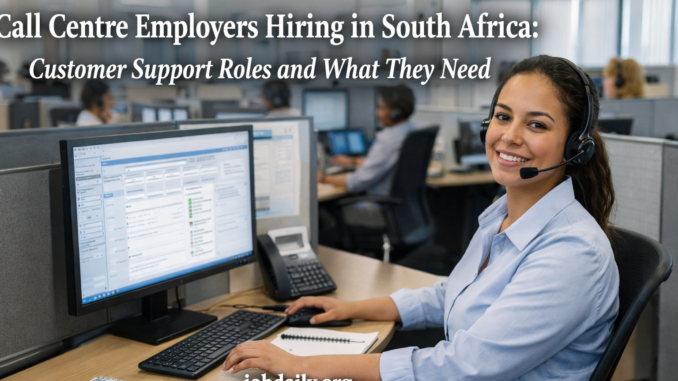 Entry-level customer support worker in a South African call centre office wearing a headset and working at a computer desk.
