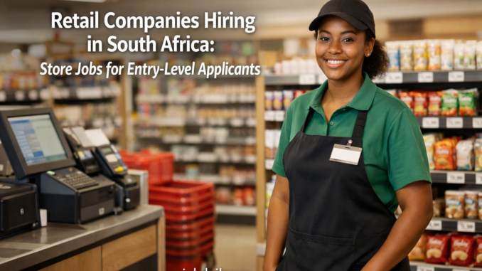 Entry-level retail worker in a modern South African store with shelves, checkout area, and clean space for a headline overlay.
