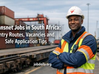 South African freight and logistics worker in safety gear near rail cargo and terminal equipment, representing Transnet jobs and safe application routes.