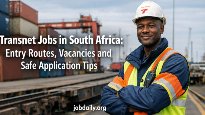 South African freight and logistics worker in safety gear near rail cargo and terminal equipment, representing Transnet jobs and safe application routes.