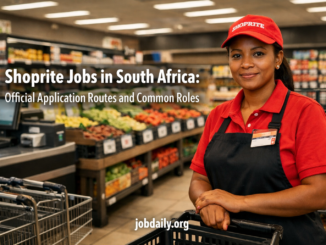 South African supermarket worker in a clean grocery store with shelves, checkout area, and space for the headline about Shoprite jobs in South Africa.