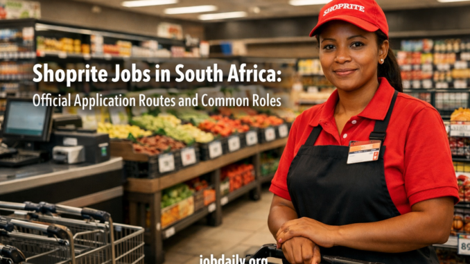 South African supermarket worker in a clean grocery store with shelves, checkout area, and space for the headline about Shoprite jobs in South Africa.