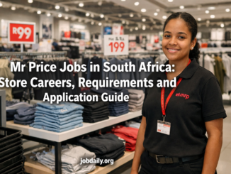 South African retail worker in a modern fashion store with clothing displays and checkout area, representing Mr Price jobs in South Africa.