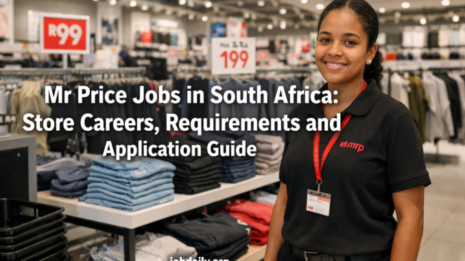 South African retail worker in a modern fashion store with clothing displays and checkout area, representing Mr Price jobs in South Africa.