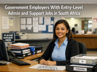 South African government office scene with an entry-level admin worker at a tidy service desk, files and computer visible in a clean public-service environment.