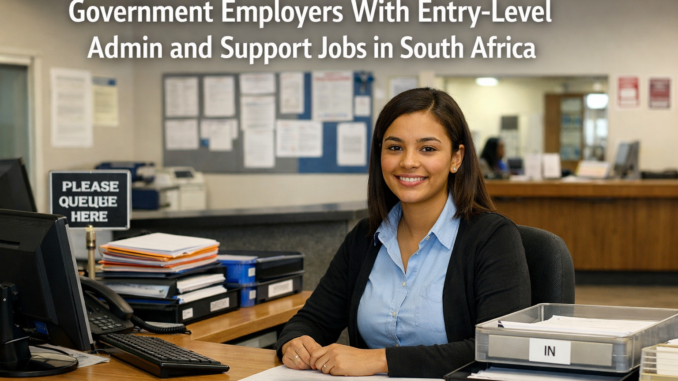 South African government office scene with an entry-level admin worker at a tidy service desk, files and computer visible in a clean public-service environment.