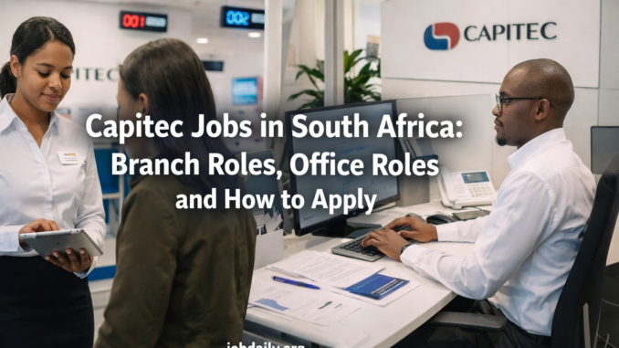 Professional South African banking scene showing Capitec-style branch service and office work for a careers guide.