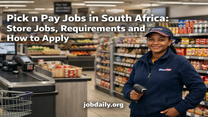 Retail worker in a clean South African supermarket near a checkout and stocked shelves for a Pick n Pay jobs article.